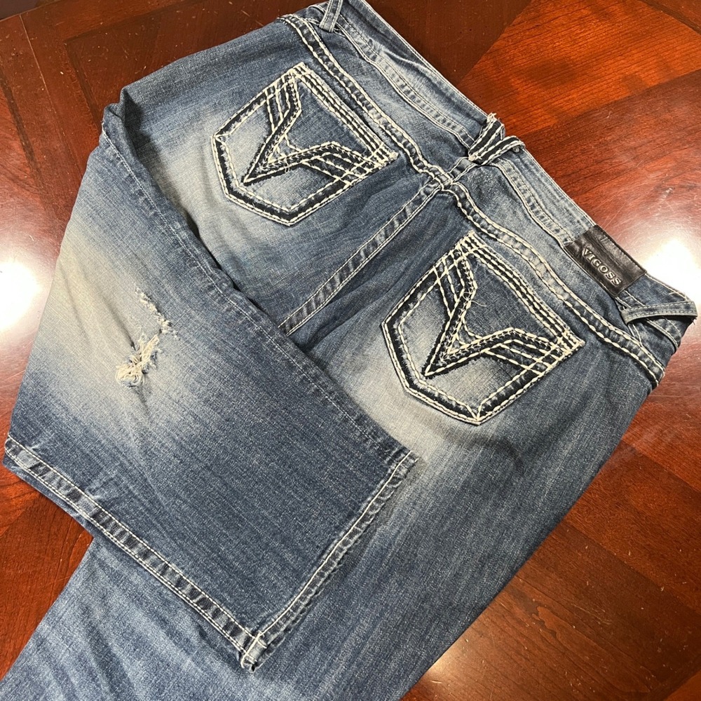 Vigoss The Chelsea Capri Jeans Distressed Thick Stitch Denim Blue Womens 24 GUC
